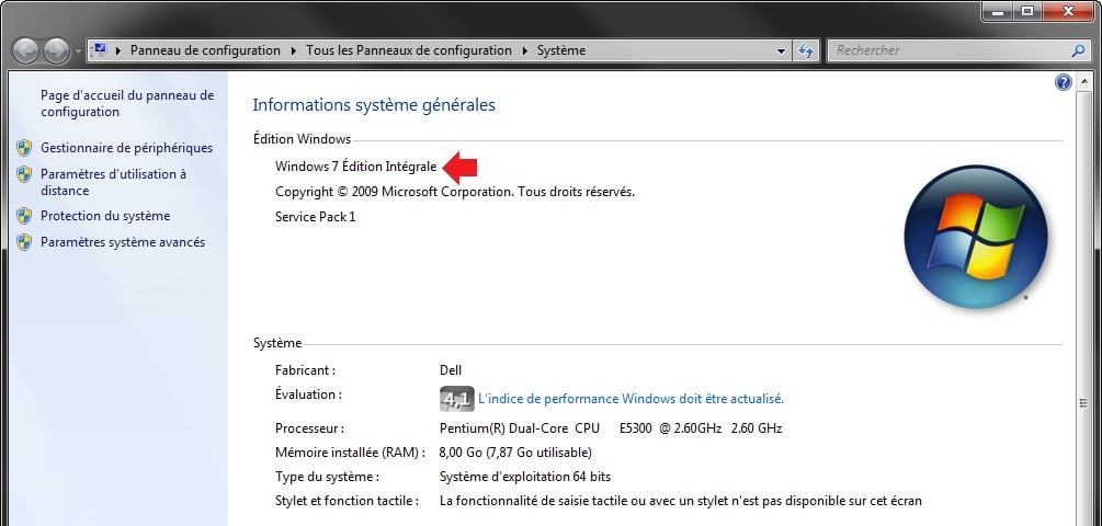 fenêtre système dans Windows 7
